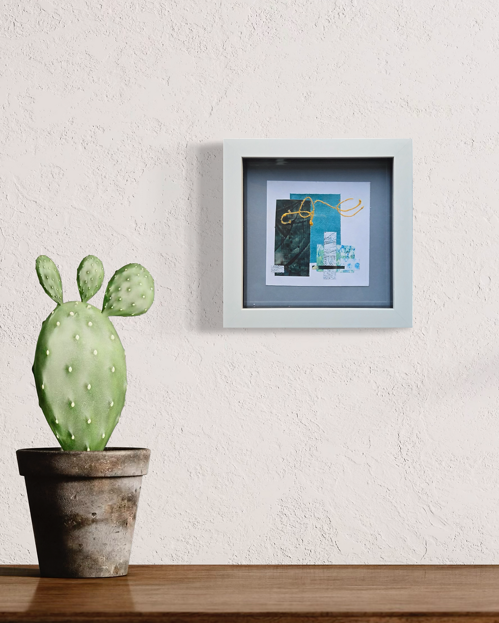 Thumbnail: Contours of Blue II. A mixed media / collage mini by Louise Brook.  Interior sideboard setting.