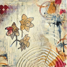 Hope from the Gentle Reminders Collection. A botanical mixed media abstract shown as a flat lay of the artwork