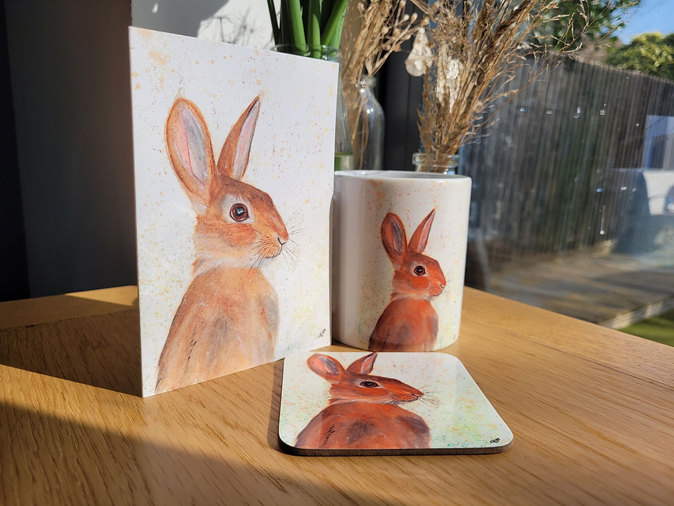 Thumbnail: Close up of a wild rabbit gift set including matching mug, coaster & card. Watercolour rabbit on a white background.
