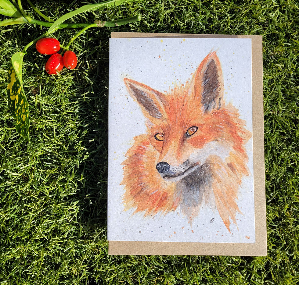 Thumbnail: Close up of a wild fox greetings card (front on view of fox), flat lay presentation with Kraft envelope