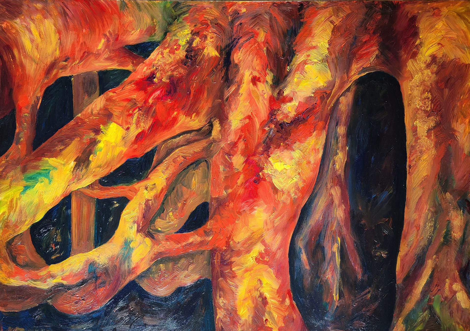 An original oil painting of rainforest tree roots by Sarah Brook. Restored by her sister Louise Brook.