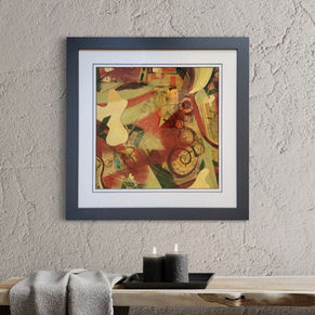 Chronos III. An exciting, bold, green & red mixed media abstract inspired by Time. Presented in a spa type setting.