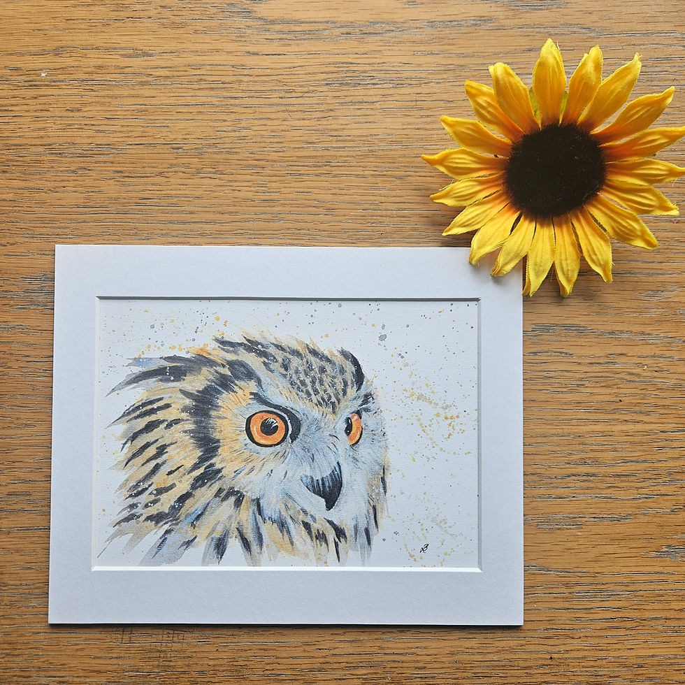 Thumbnail: Flat lay of a mounted A5 print of an eagle owl, in watercolour