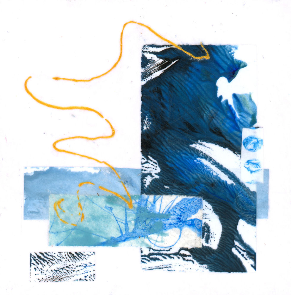 Contours of Blue III. A mixed media / collage abstract mini by Louise Brook. Flat lay presentation.