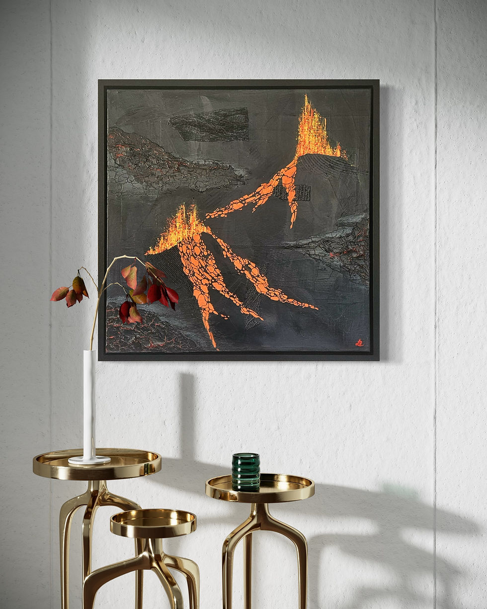 Thumbnail: Playing with Fire II, a volcanic inspired semi abstract by Louise Brook. Presented in a chic contemporary interior setting.