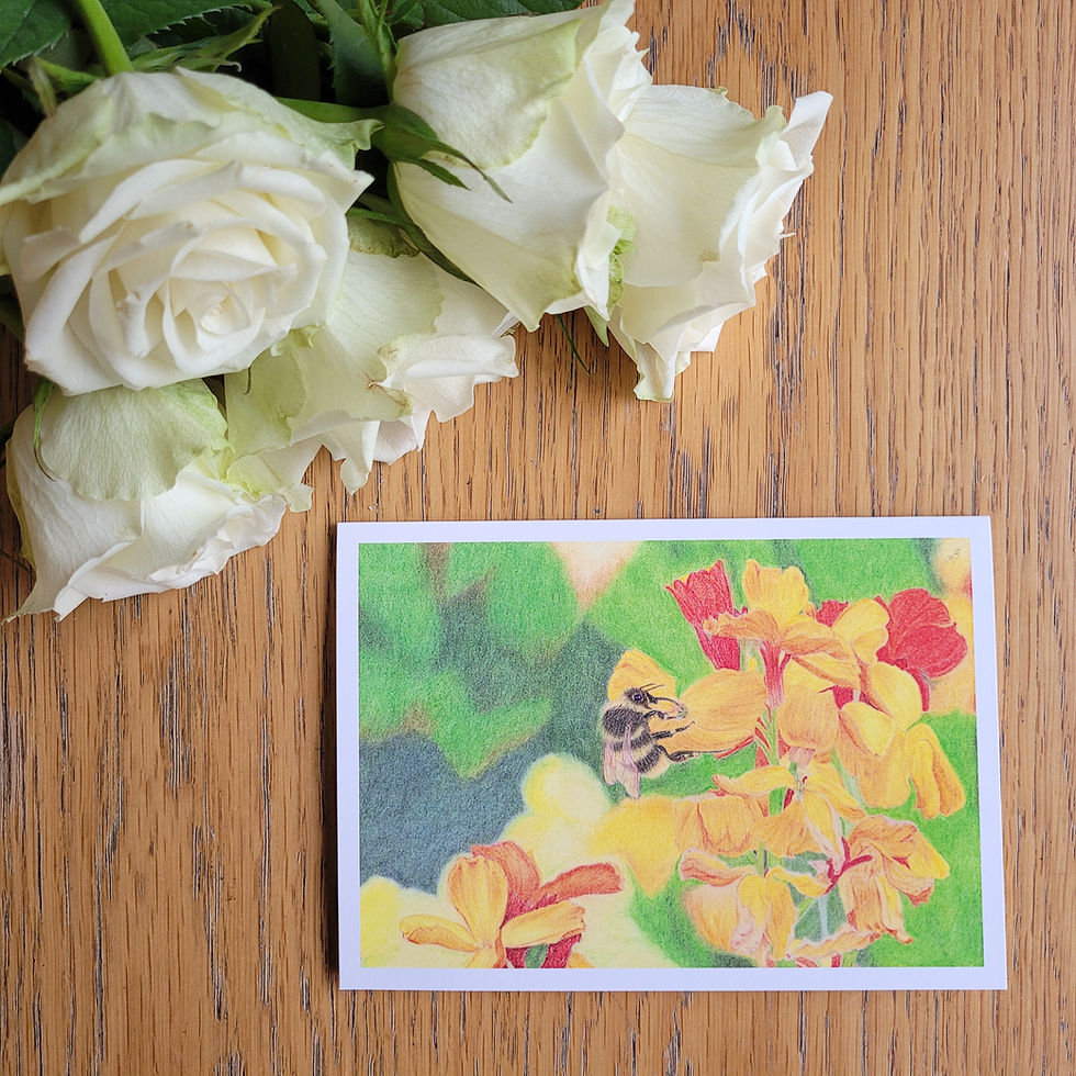 Thumbnail: Bee greetings card, picture of a bee pollinating orange wallflowers, flat lay presentation