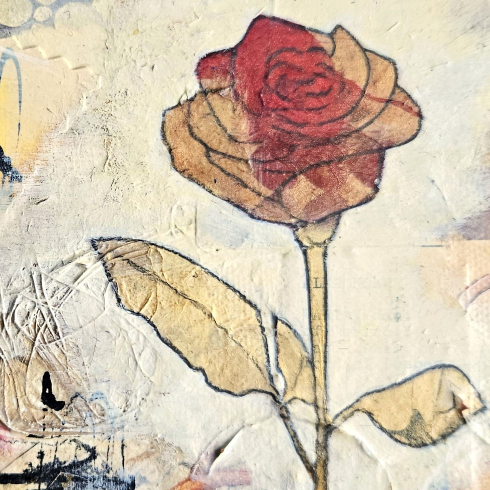Thumbnail: Close up detail from LOVE part of the Gentle Reminders Collection by Louise Brook. A botanical mixed media abstract.
