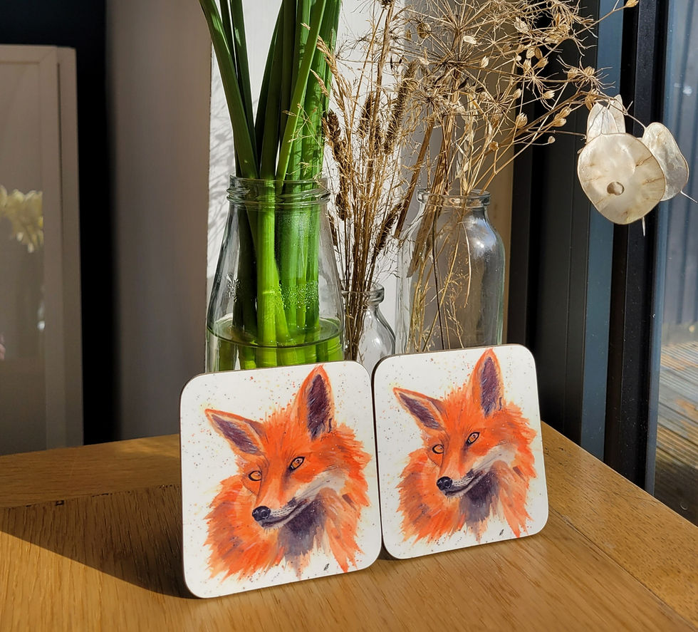 Thumbnail: Angled view of a set of two wild fox coasters. A watercolour fox on a white background.