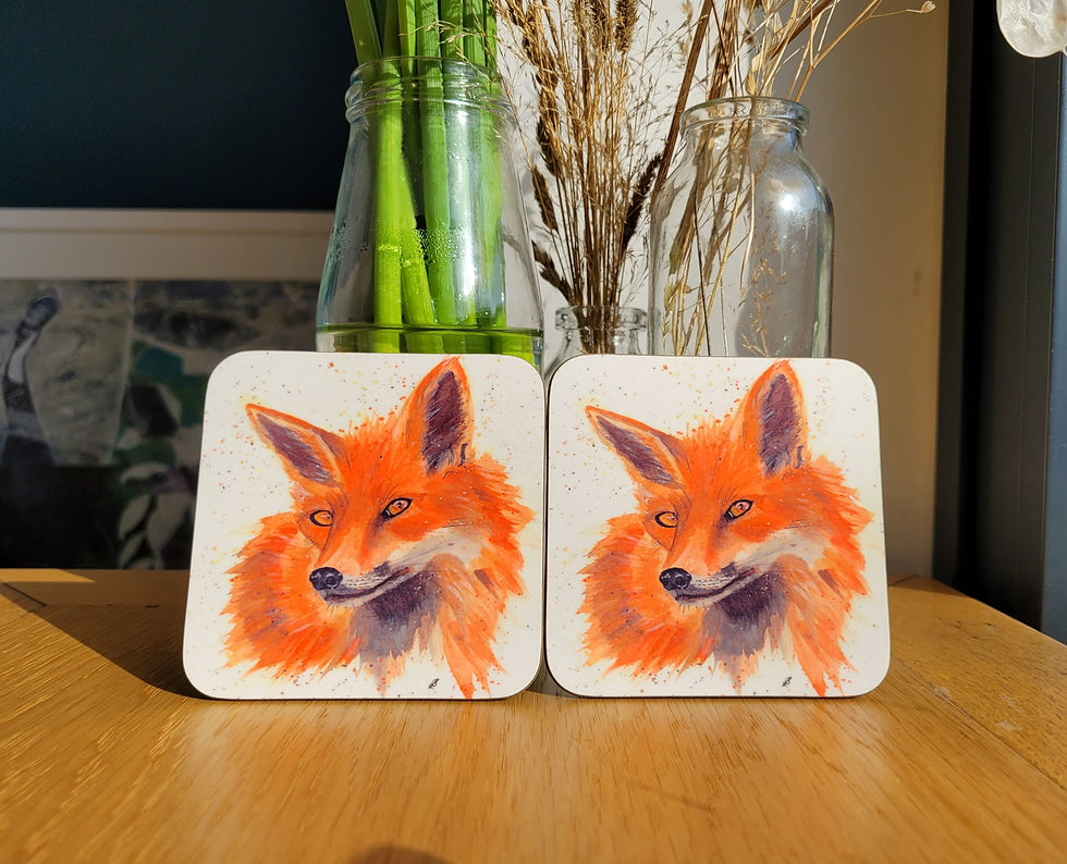 Thumbnail: Close up of a set of two wild fox coasters. A watercolour fox on a white background.