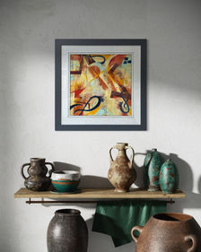 From Marks to Meaning II... an original abstract by Louise Brook, exploring symbols. Presented, framed in a rustic hallway view.