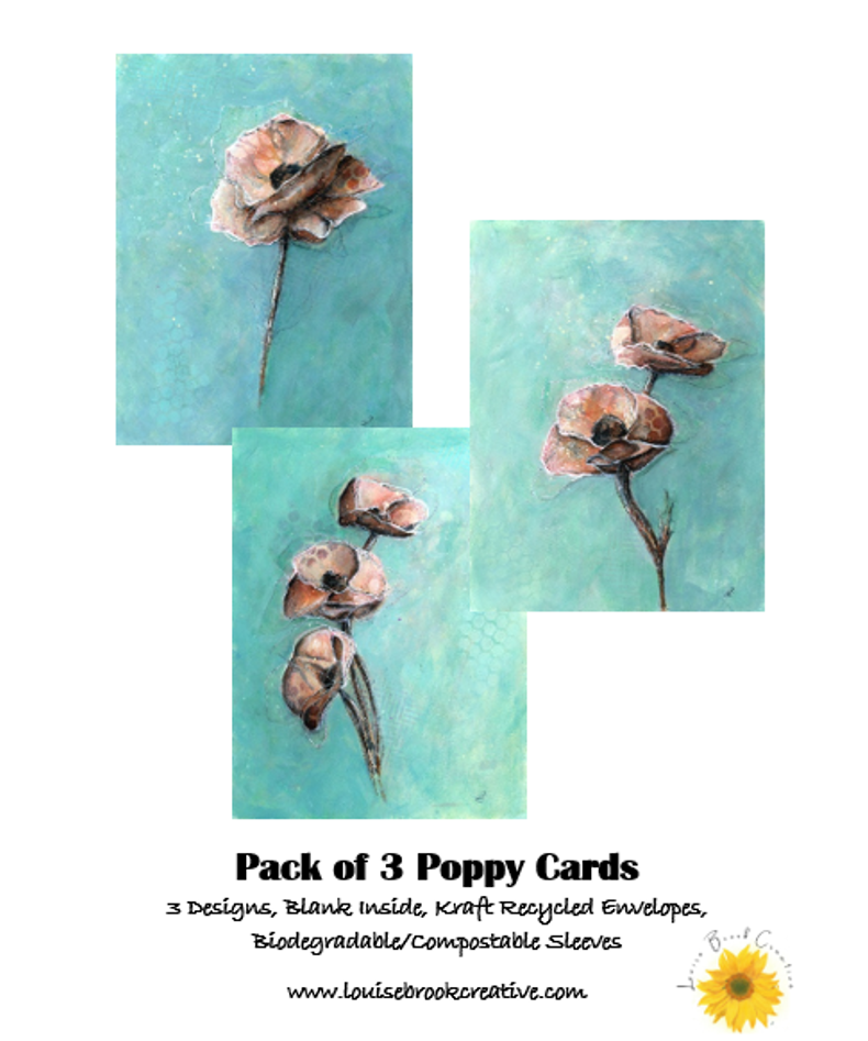 Pack of 3 Poppy Cards, by Louise Brook. Based on the original collection "Remember Me Softly".