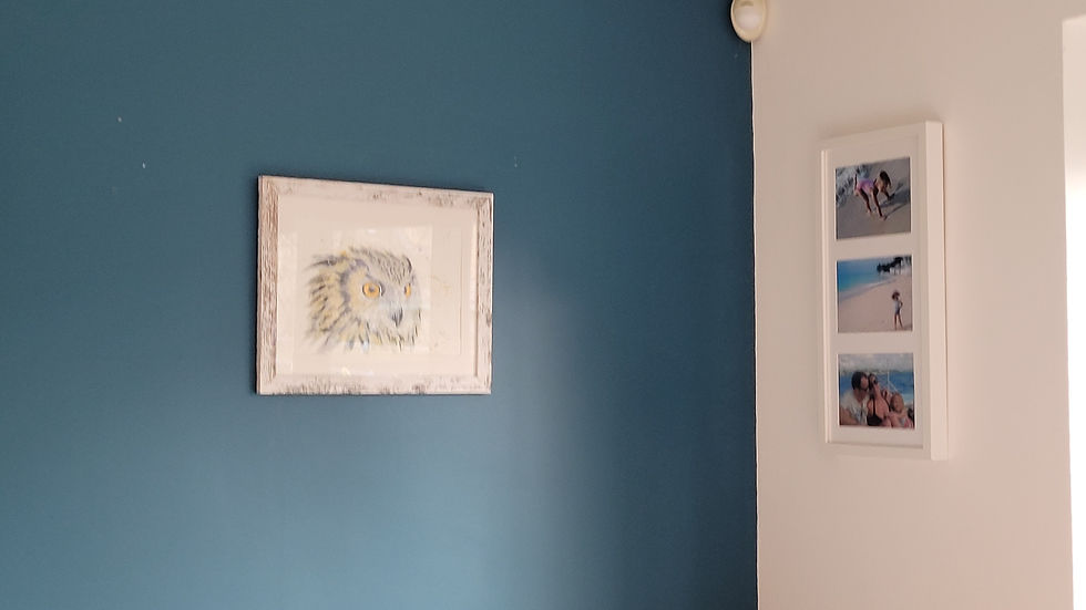 Thumbnail: Distance view of a framed Eagle Owl painting. Original watercolour depicting an intense eagle owl