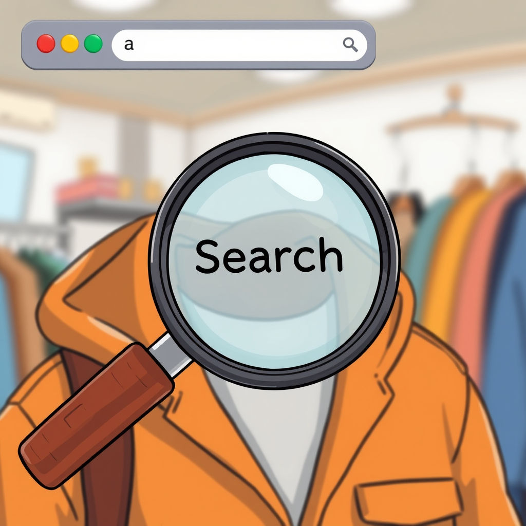 Magnifying glass over clothing, text Search, browser search bar in store.