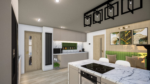 A kitchen with a stove top oven and a marble counter top