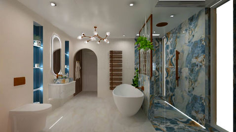 modern bathroom design with a freestanding bath, walk-in shower, and blue & gold marble tiles