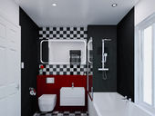 Modern bathroom with checkered tiles, white fixtures, red accents, and a vase with a red rose on the counter.