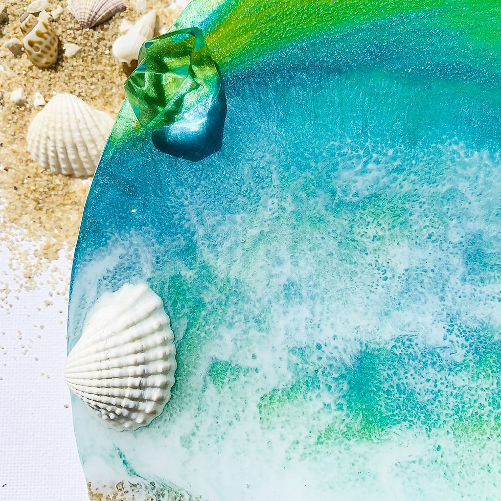 Thumbnail: Close-up of resin artwork clock showing crystal and shell hour markers on a textured shore
