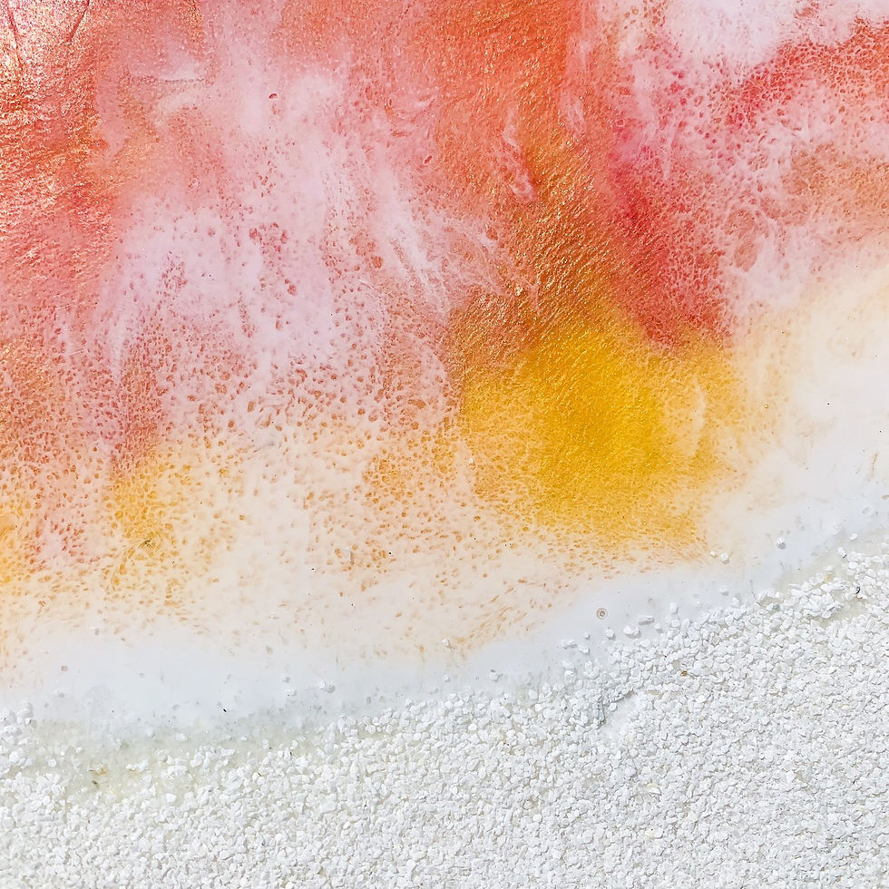 Close-up of textured sand and glossy resin waves in “Coral Sunset Beach” resin art piece.