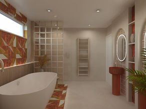 Modern bathroom with a white bathtub, colorful geometric tiles, two illuminated oval mirrors, red sink, and a leafy plant.
