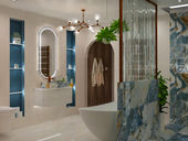 Luxurious bathroom with blue marble tiles, white tub, modern chandelier, and oval mirror.