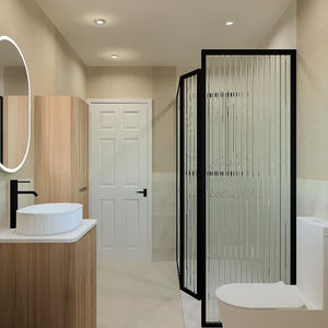 A contemporary bathroom with a toilet a sink and a mirror