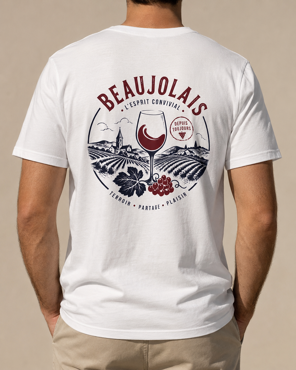 Dos du t-shirt Beaujolais avec grand logo vin vignes et raisin