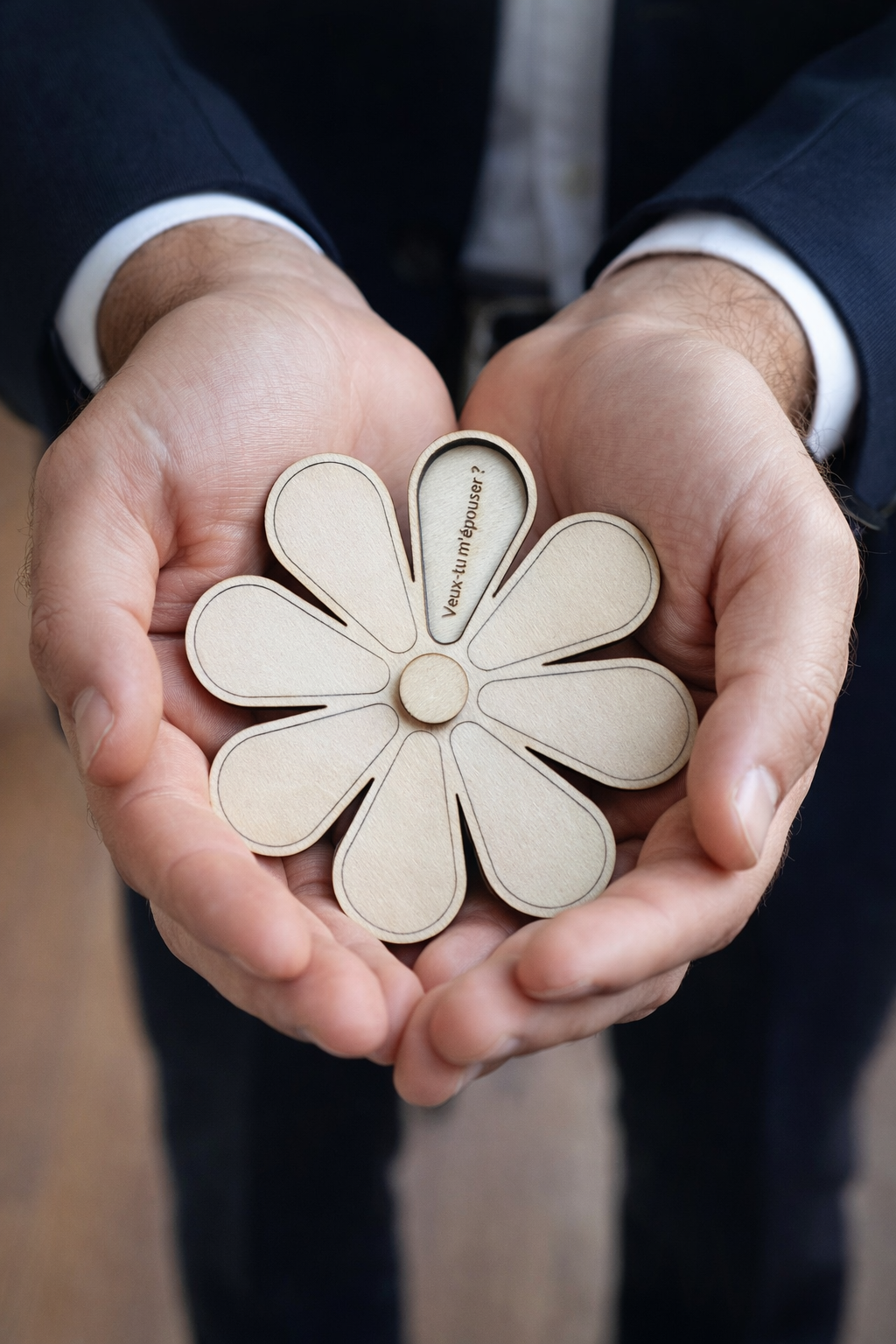 Marguerite en bois gravée – Demande en mariage originale – « Veux-tu m’épouser ?