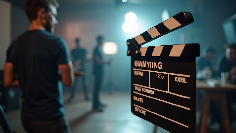 Close-up view of a clapperboard on a film set with blurred background
