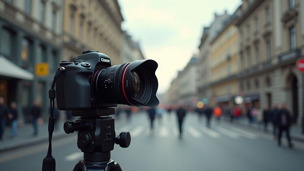 Eye-level view of a film camera on a tripod capturing a cityscape