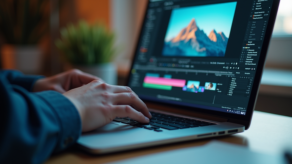 Close-up view of a laptop screen showing video editing software in use
