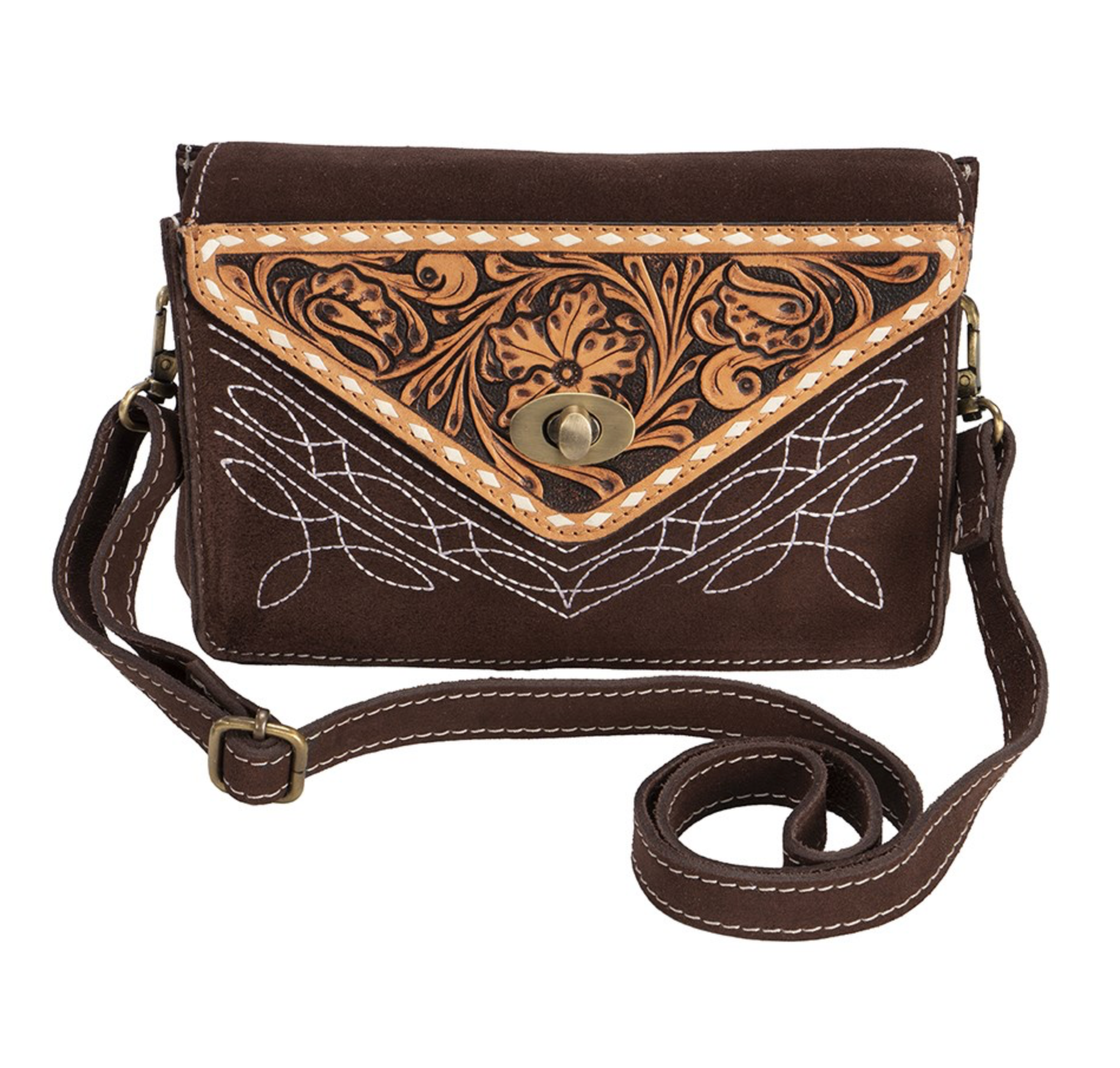 Fort Worth Tooled Roughout Leather Handbag - Chocolate