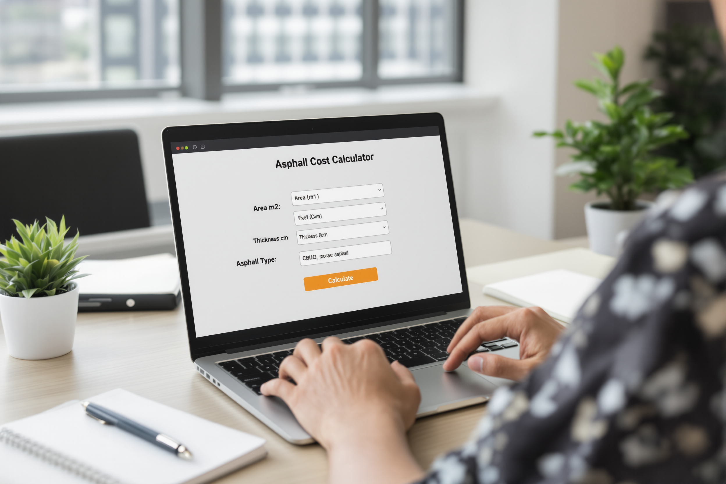 Amostras de materiais asfálticos e ferramentas de orçamento