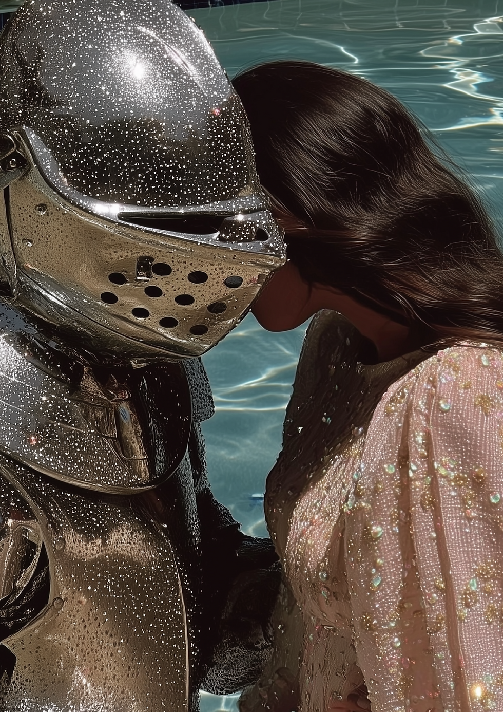 Surreal art poster featuring a sparkling knight and woman in sequins by a pool — cosmic romance meets armor, meow. studio