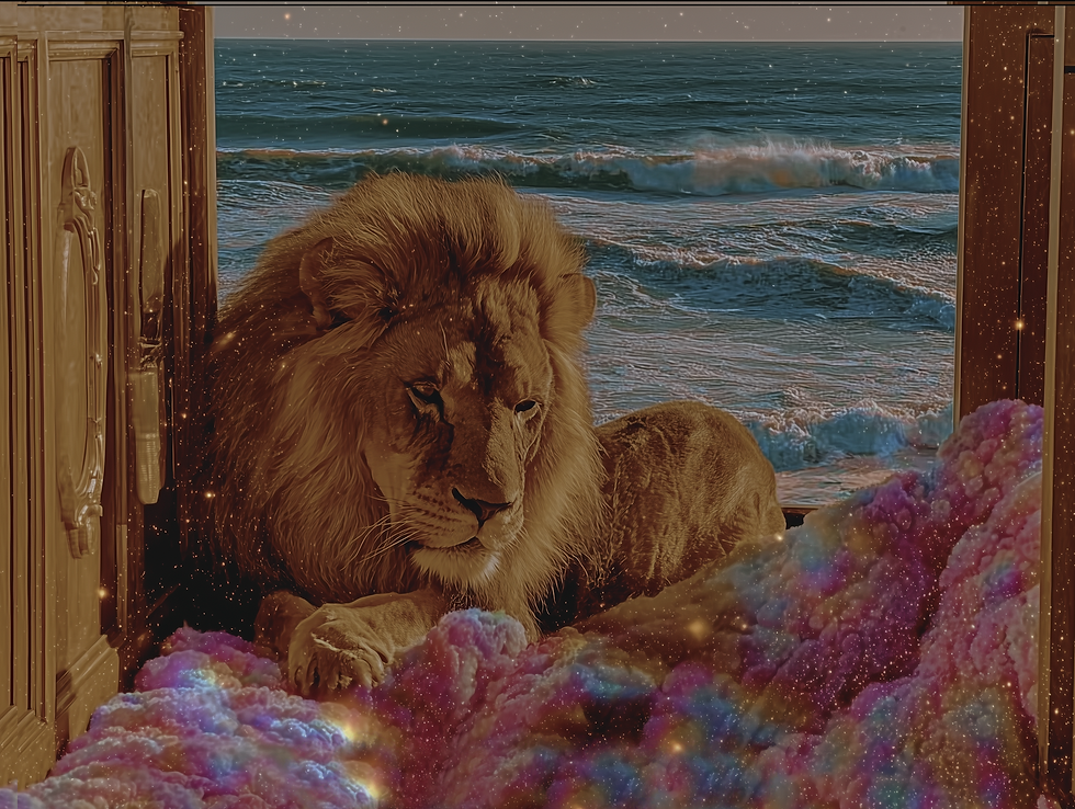 Inspirational lion poster with cosmic clouds and ocean view, designed for spiritual home decor and self-empowerment wall art.