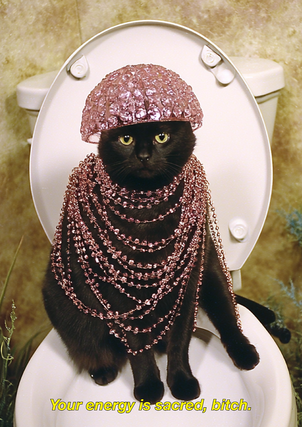 Black cat on toilet wearing pink crystals and a sequin hat, looking serious — funny spiritual art print from meow. studio. Ma