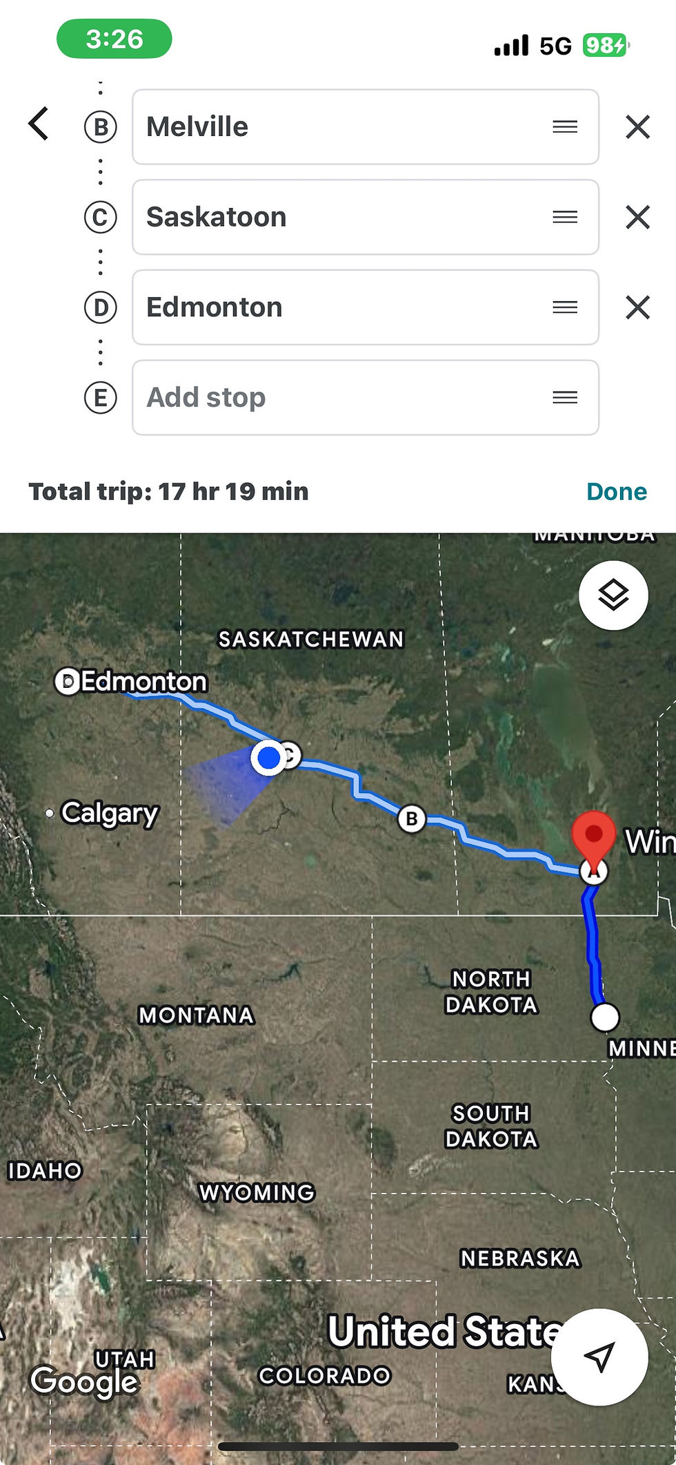 Map overview of our trip thus far. We'll be in Edmonton by midnight tonight, but not likely to be awake to see it.