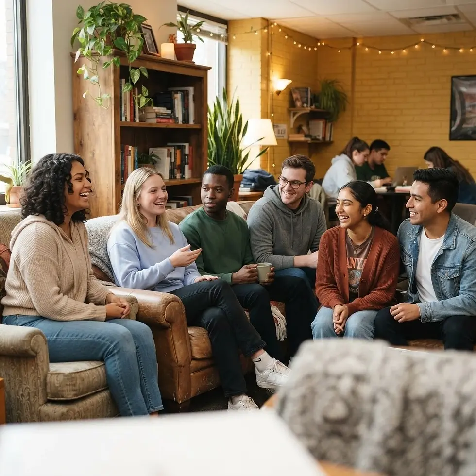 Candid group photography of diverse young friends sitting together in a cozy, warm-lit coffee shop. The group is laughing and conversing, creating an inviting and social atmosphere.