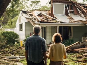 Homeowners looking at house with severely damaged roof.