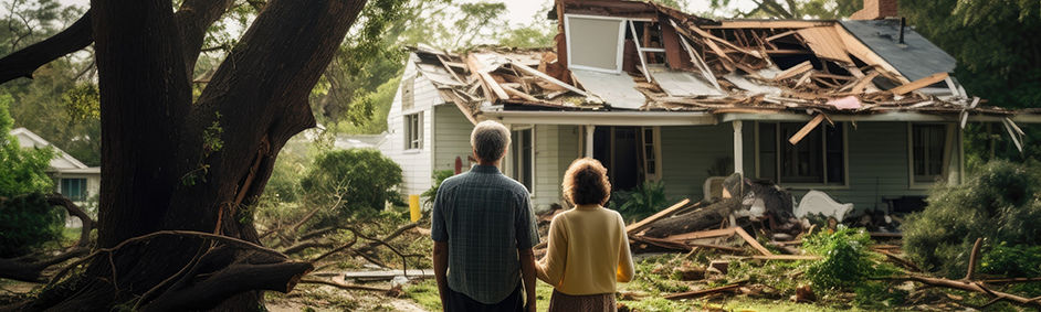 Homeowners looking at house with severely damaged roof. 
