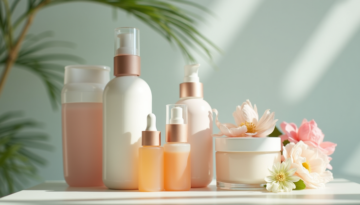 Close-up view of natural skincare products used in post-cosmetic surgery therapy