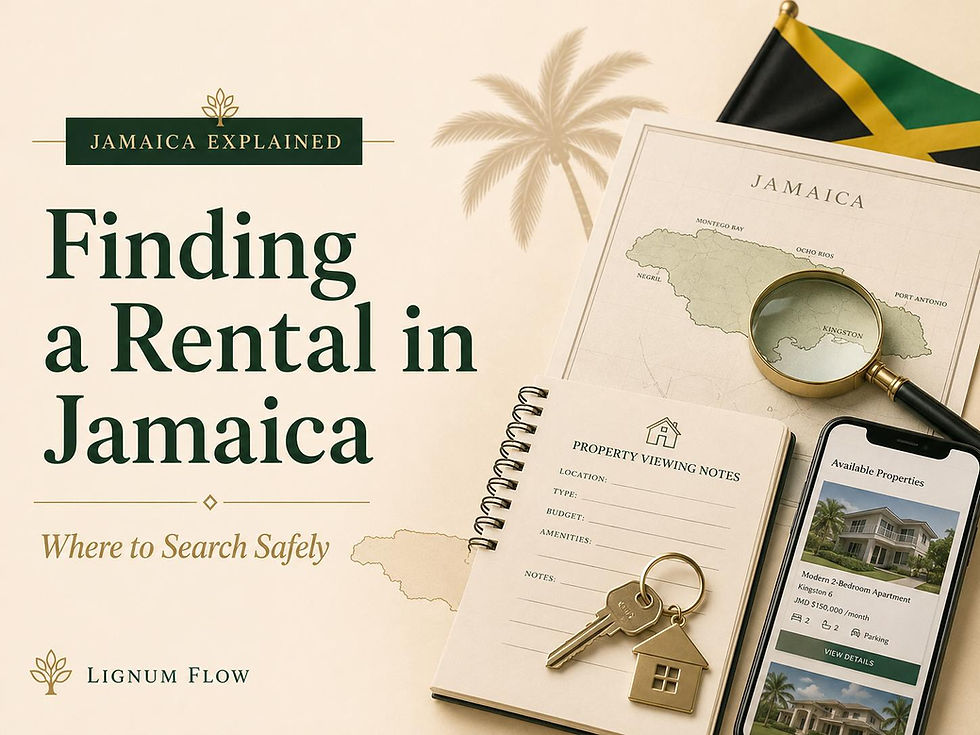 Finding a rental in Jamaica with property keys, a lease agreement, a neighbourhood map and a rental verification checklist