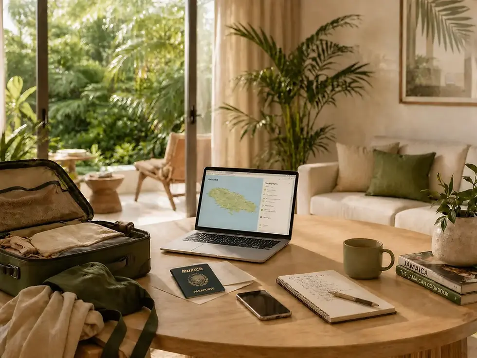 Preparación del viaje con maleta, libros y una computadora con el mapa de Jamaica