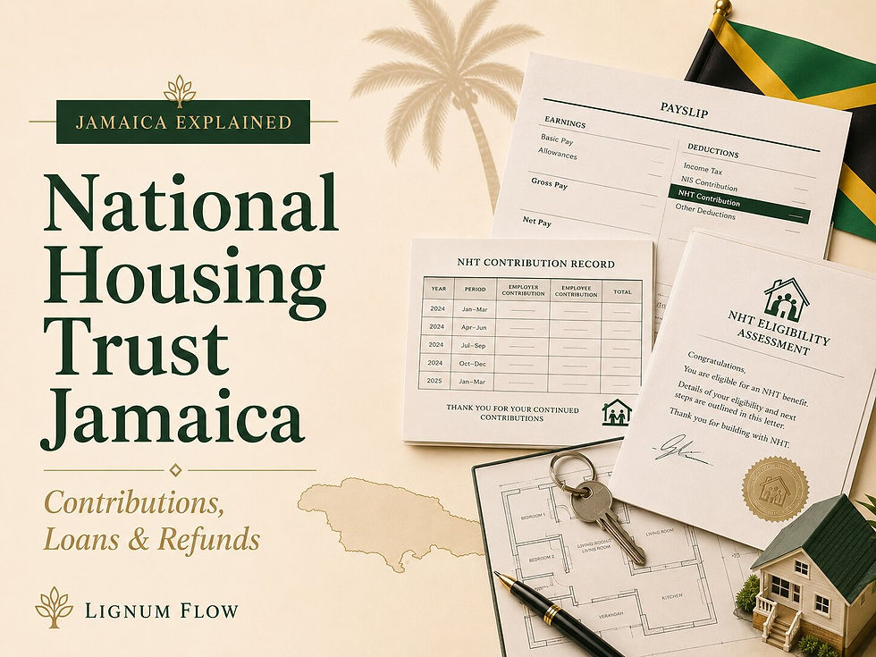 National Housing Trust Jamaica guide with a payslip, contribution record, housing application, house keys and home model