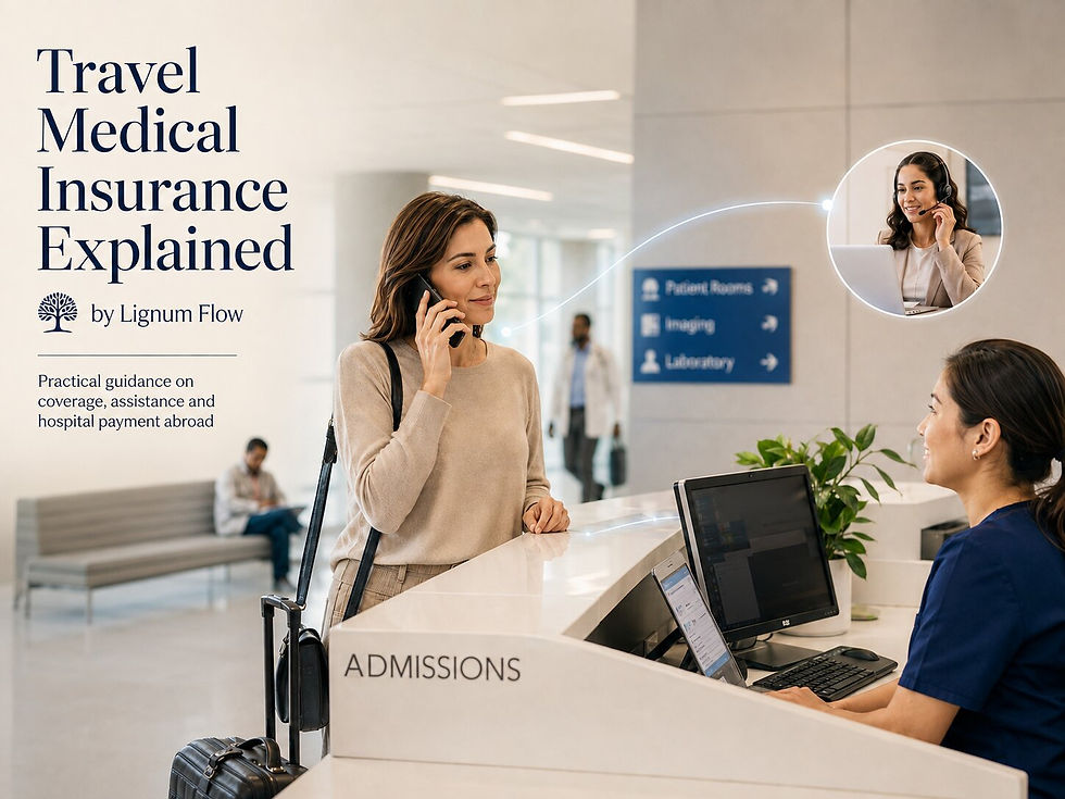 A traveler at a modern hospital admissions desk, holding a phone connected to a medical assistance service.
