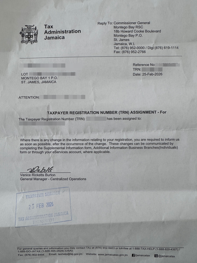 Example of a TRN assignment letter issued by Tax Administration Jamaica. Personal information has been removed for privacy.