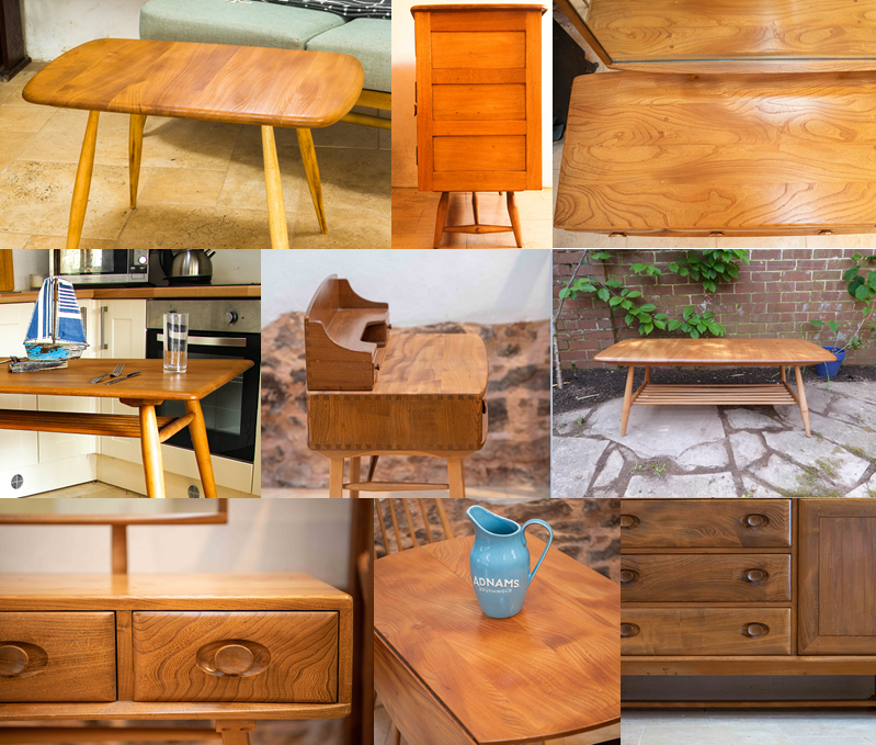 Ercol Bow Fronts: incl. 213 table, 351 sideboard, 482 dressing table, 393 breakfast table, 437/439 desk, 459 coffee table, grand windsor sideboard