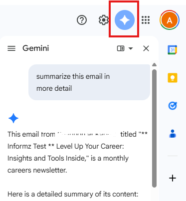 Screenshot of where to click on gemini to get it to summarize your emails.