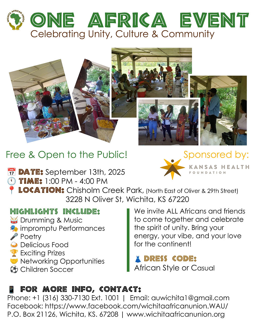 One Africa Event on Saturday, September 13th, 1:00 - 4:00 PM at Chisholm Creek Park, northeast of 29th Street N. & Oliver 