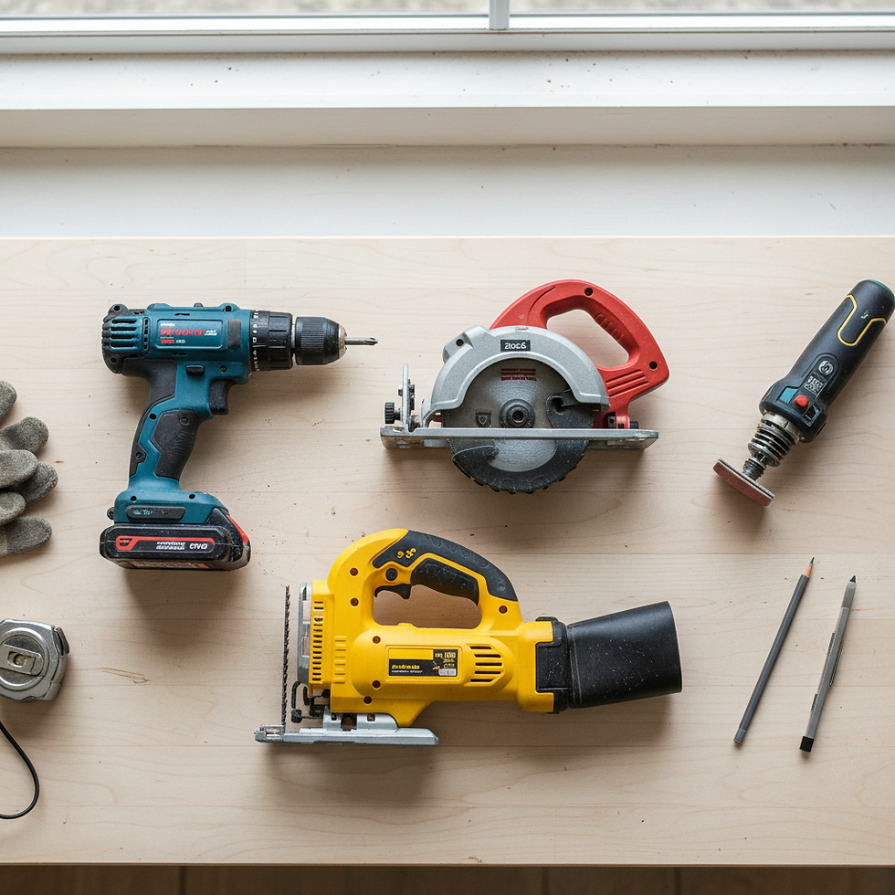 Budget-friendly handheld power tools laid out on a workbench