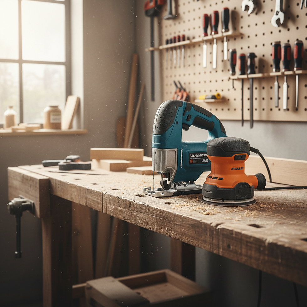 Jigsaw and orbital sander on a workshop bench